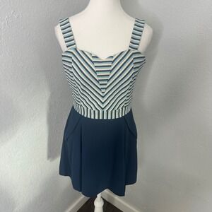 Anthropologie Pink Martini blue and white striped mini dress pockets women's MED